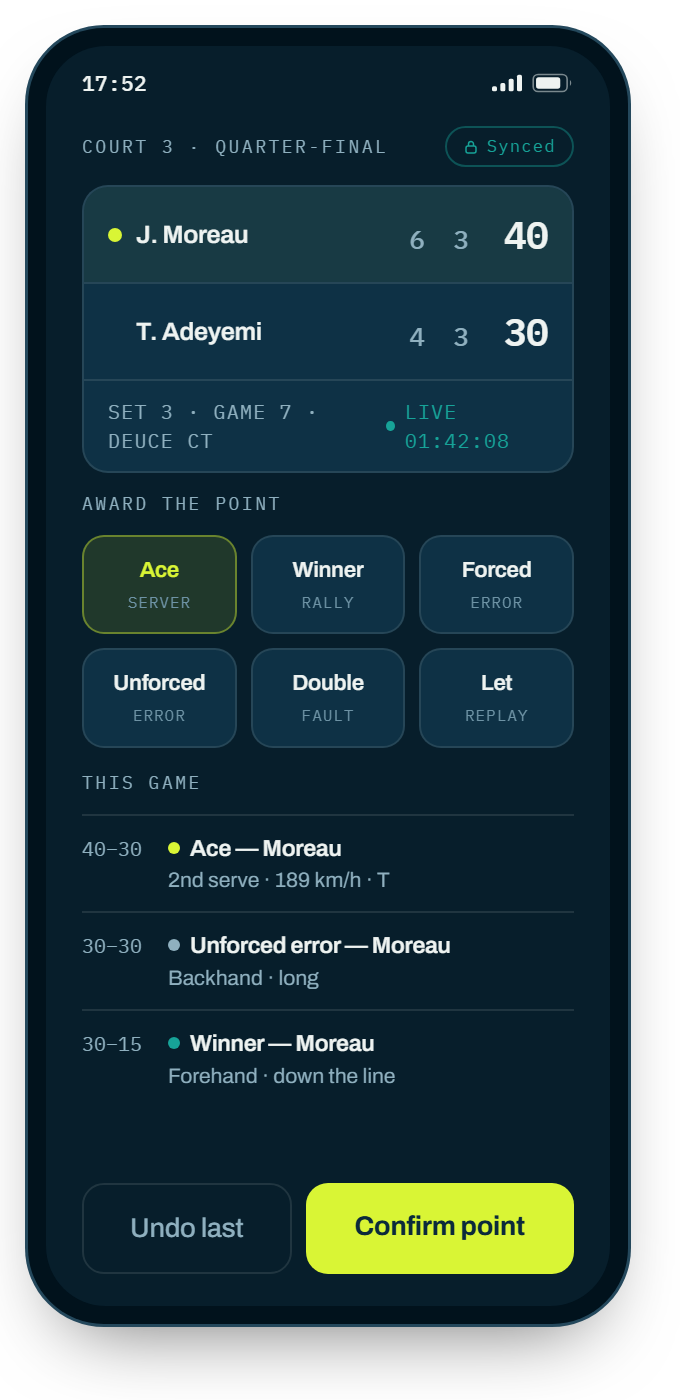 Baseline scoring a live tennis match point by point, with aces and unforced errors.