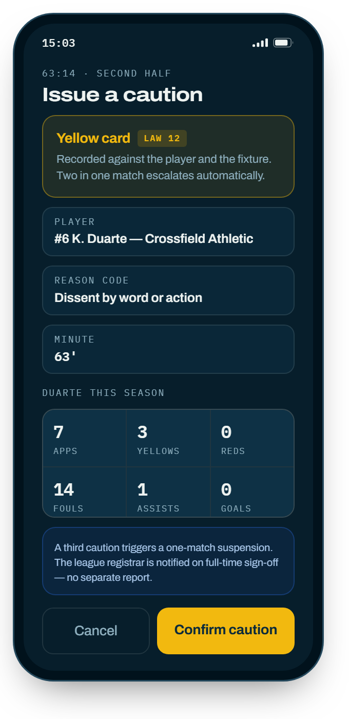 Card entry on the phone with player and reason code.
